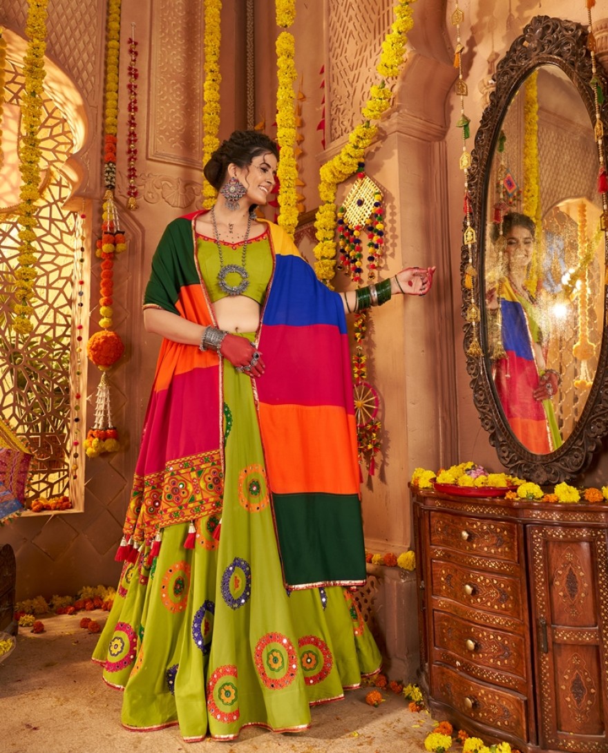 11011 - Elegant Green Viscose Cotton Embroidered Navratri Wear Lehenga Choli